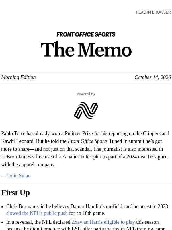 Pablo Torre Eyeing LeBron, Fanatics email from Front Office Sports