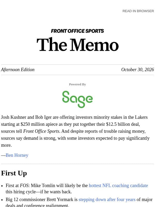 Lakers Shopping Stakes at $250M email from Front Office Sports