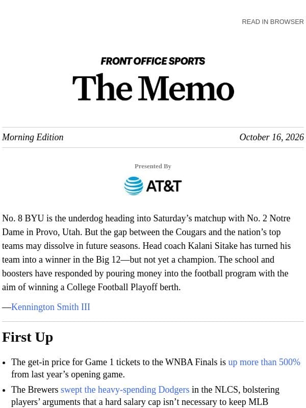 BYU’s Golden Opportunity email from Front Office Sports