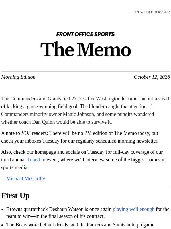 Commanders’ Clock Management Woes email from Front Office Sports