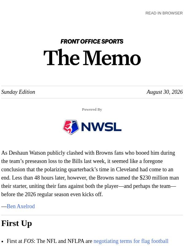 Browns Fans Finally Agree email from Front Office Sports