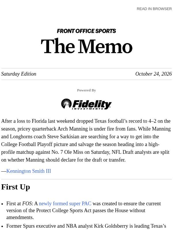 Arch Manning’s Stock Slides email from Front Office Sports