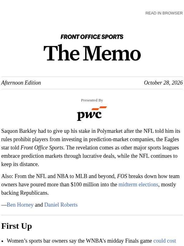Why Saquon Had to Exit Polymarket email from Front Office Sports