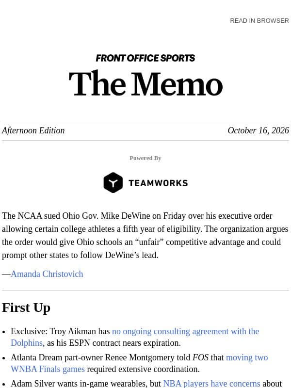 NCAA Sues Ohio Governor email from Front Office Sports