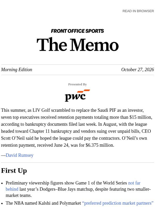 LIV CEO Made $13M During PIF Exit email from Front Office Sports