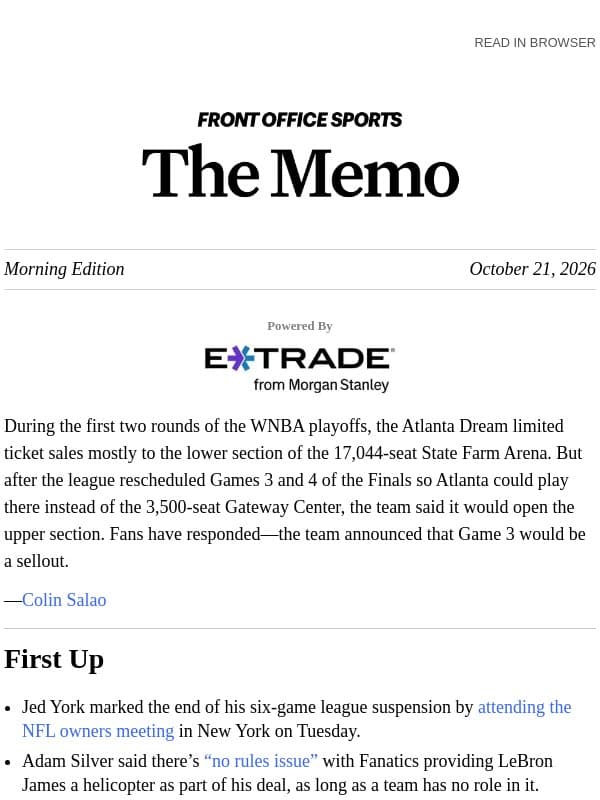 WNBA’s Dream Sell Out NBA Arena email from Front Office Sports