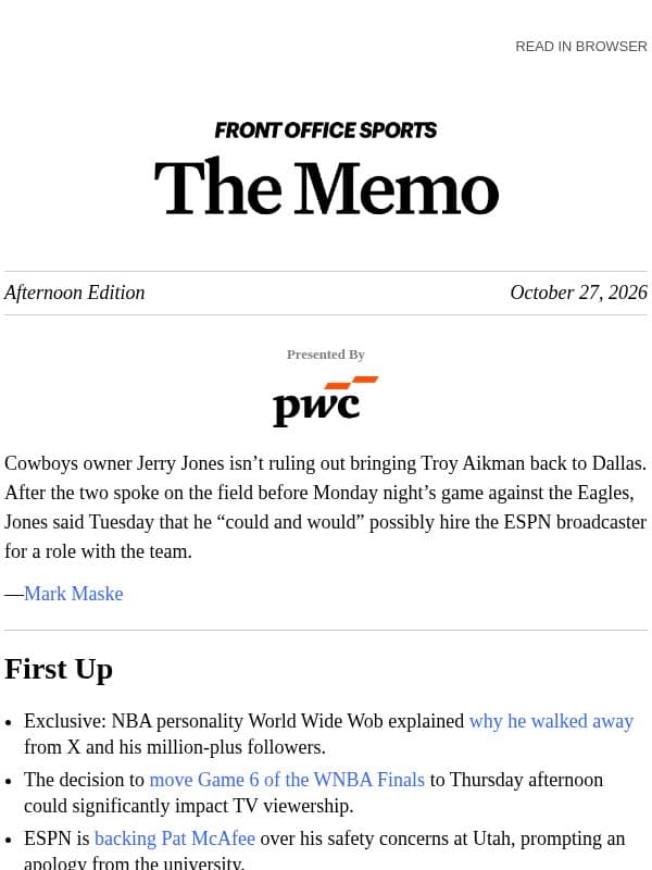 Aikman Cowboys Role ‘Very Possible’ email from Front Office Sports