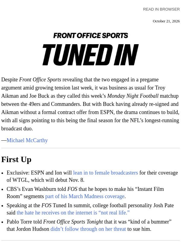 Tuned In: Buck-Aikman’s Last Run? email from Front Office Sports