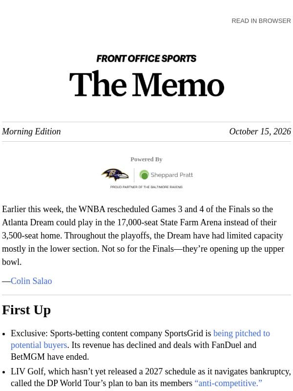 Dream to Make Most of NBA Arena email from Front Office Sports