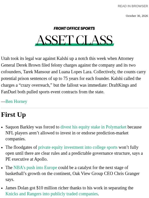 Asset Class: Utah vs. Kalshi email from Front Office Sports