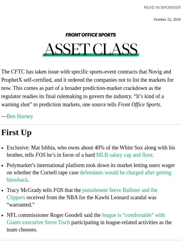 Asset Class: CFTC Nixes Scorigami email from Front Office Sports