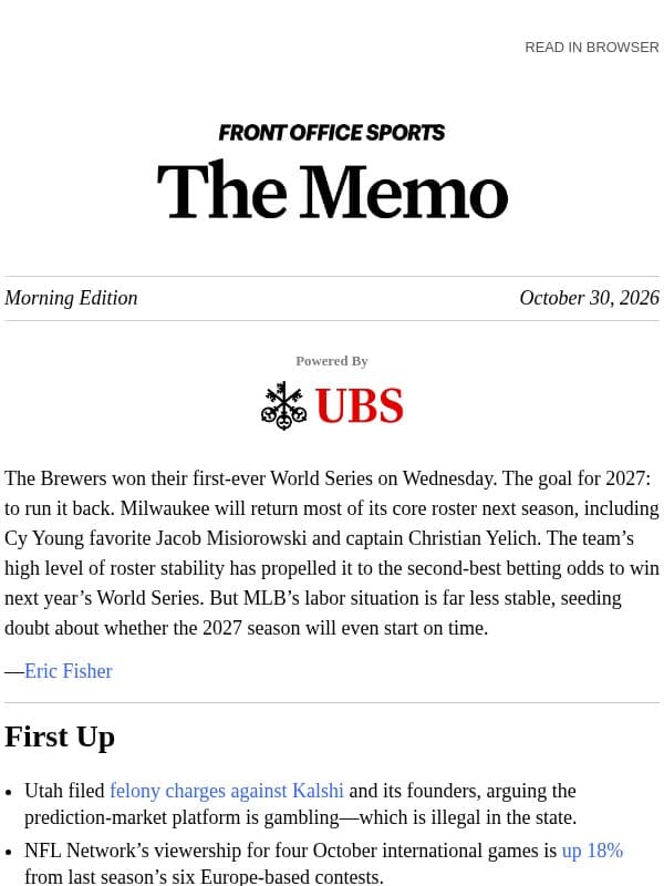 Brewers Roster Built for Return Run email from Front Office Sports