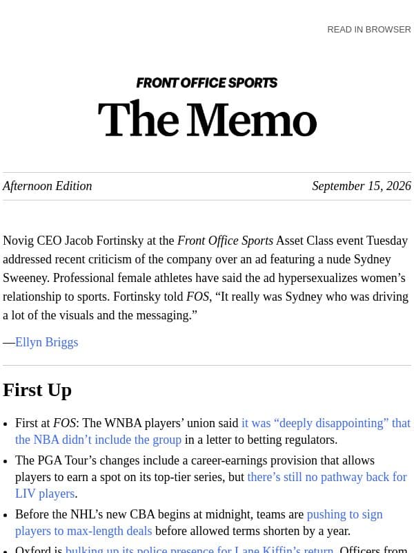 Novig CEO: Sweeney Drove Ad Visuals email from Front Office Sports