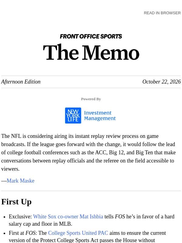 NFL Replay Talks Could Go Live email from Front Office Sports
