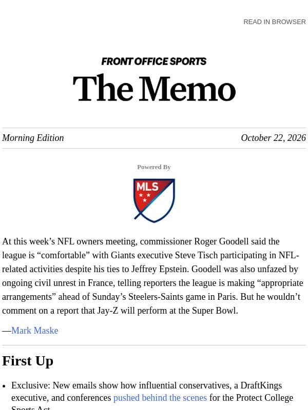 Goodell on Tisch, Paris, Jay-Z email from Front Office Sports