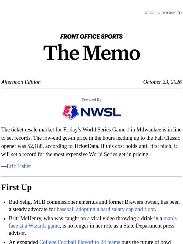 $2K to See World Series Game 1 email from Front Office Sports