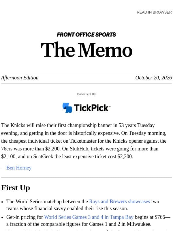 Tickets for Knicks Opener Soar email from Front Office Sports
