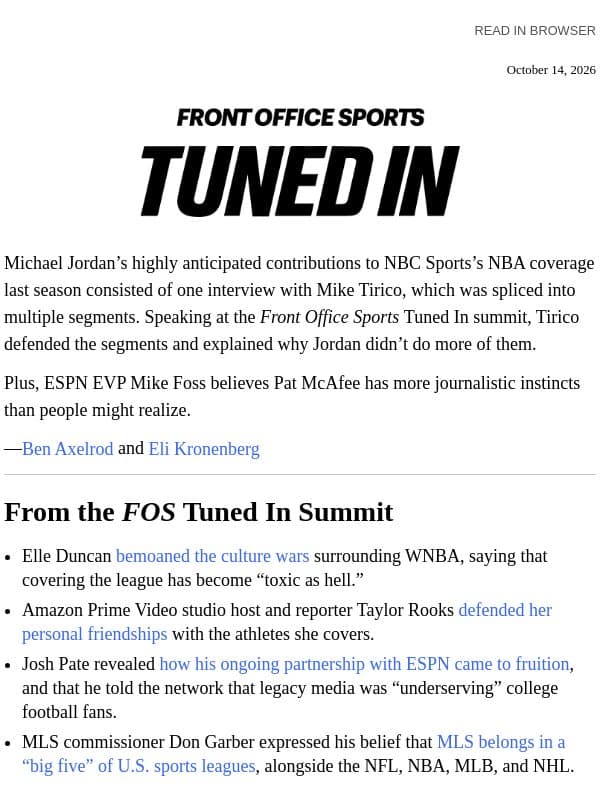 Tuned In: Tirico Defends MJ Q&A email from Front Office Sports