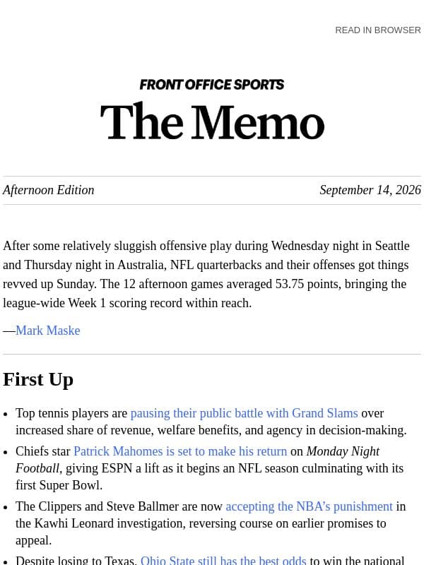 NFL Week 1 Scoring Record in Reach email from Front Office Sports