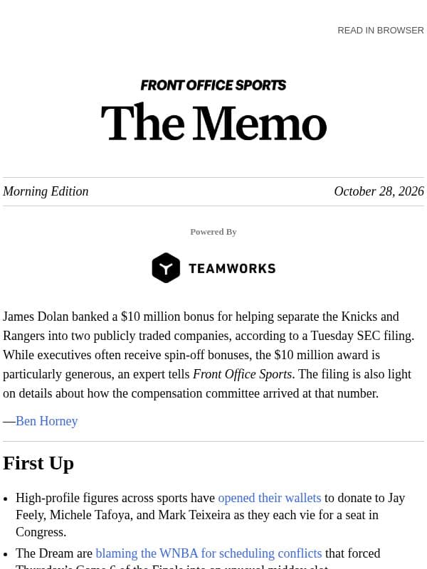 Knicks Owner Gets $10M in MSG Split email from Front Office Sports