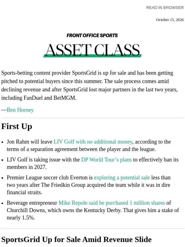 Asset Class: SportsGrid for Sale email from Front Office Sports