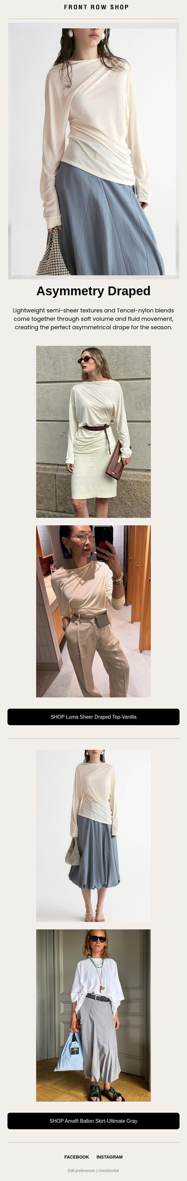 Asymmetry Draped email from Front Row Shop screenshot