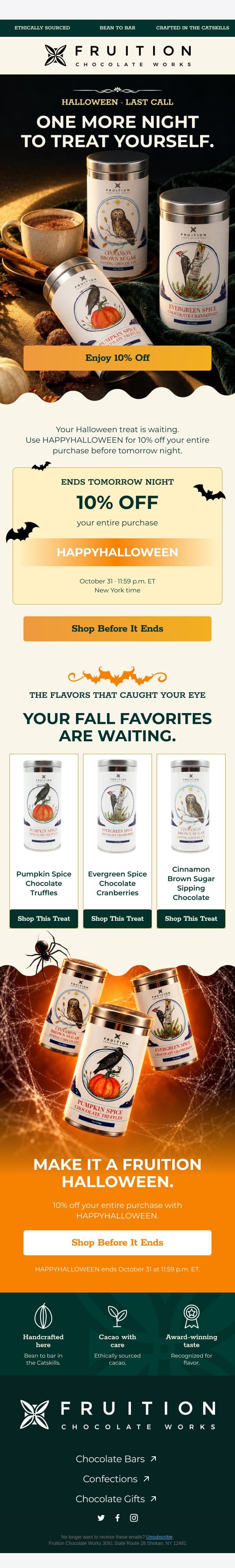HAPPYHALLOWEEN expires tomorrow night 🎃 email from Fruition Chocolate screenshot