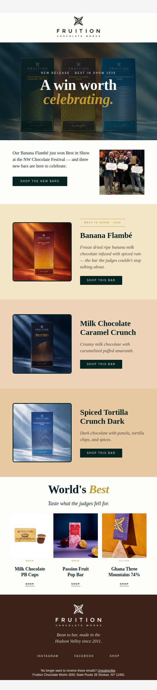 Best in Show. And three new bars! 🏆 email from Fruition Chocolate screenshot