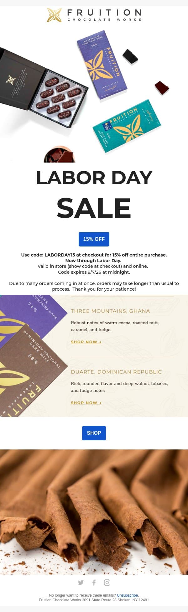 Labor Day Sale email from Fruition Chocolate screenshot
