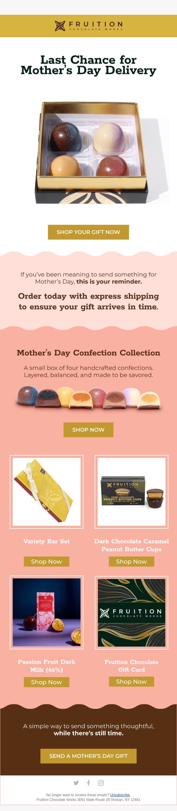 Last Day To Order For Mother’s Day Delivery, 🚨 Last Call for Mother’s Day Delivery email from Fruition Chocolate screenshot