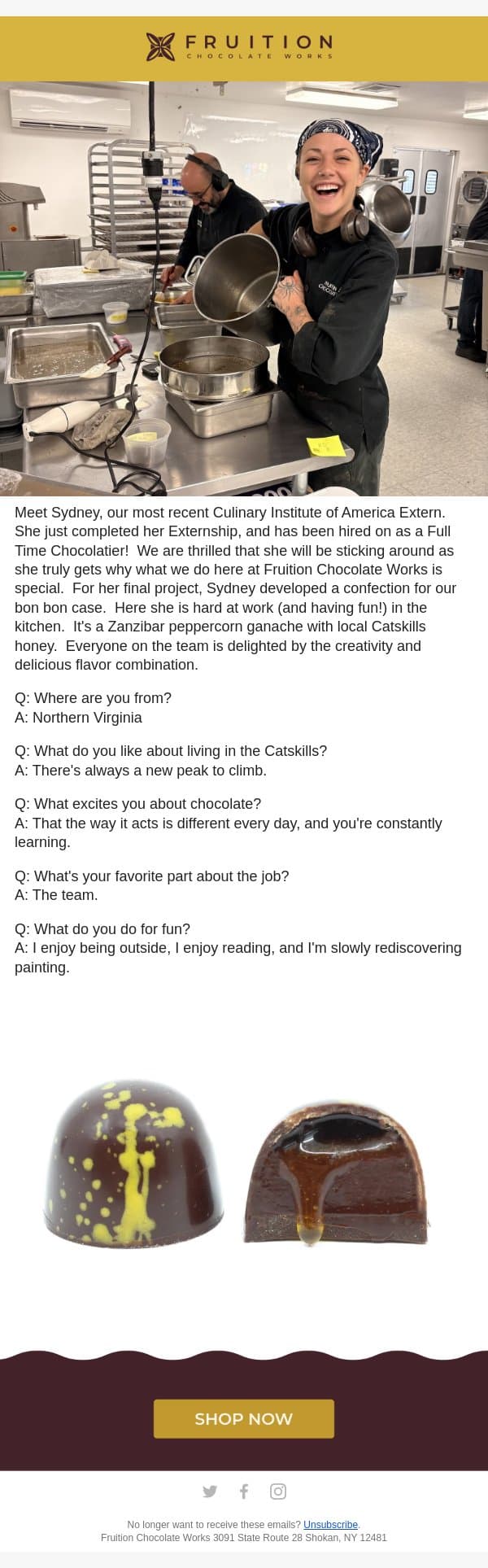Celebrating Sydney's Externship Success! email from Fruition Chocolate screenshot