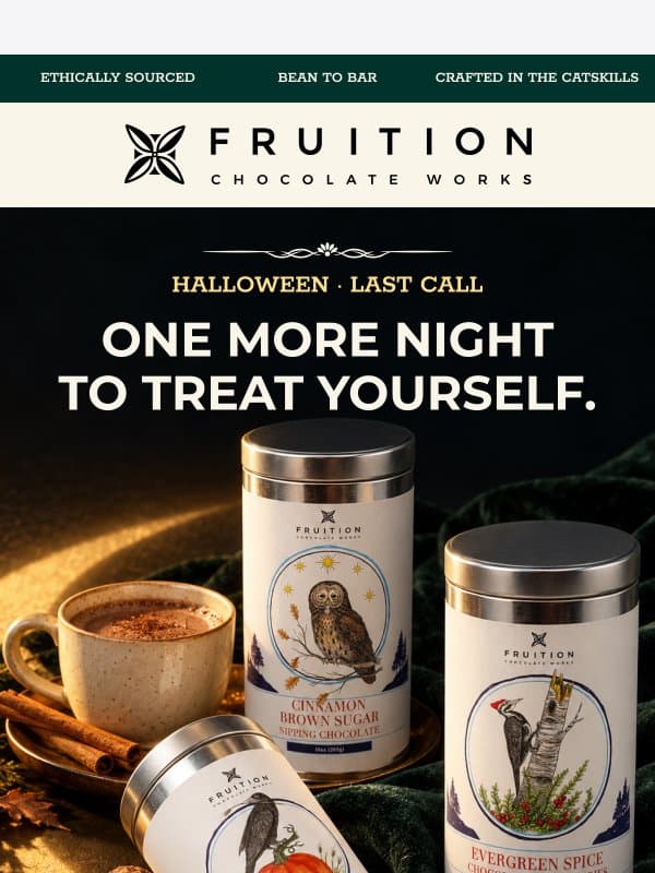 HAPPYHALLOWEEN expires tomorrow night 🎃 email from Fruition Chocolate