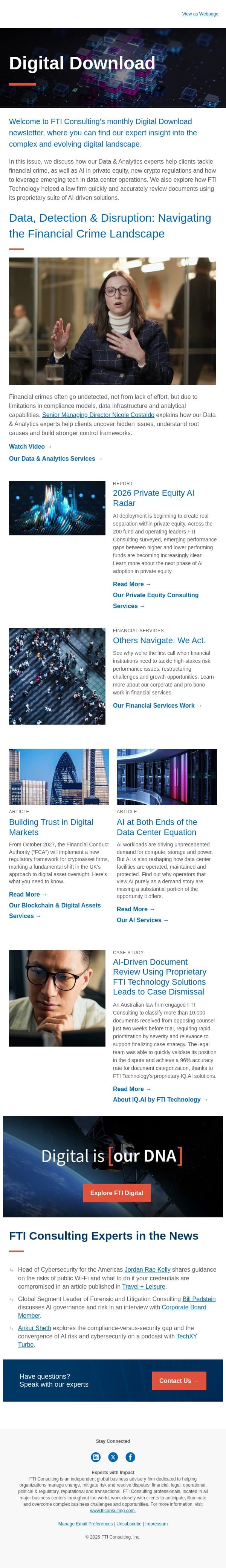 FTI Consulting Digital Download: Tackling financial crime, AI in private equity and crypto regulations in the UK email from FTI Consulting screenshot