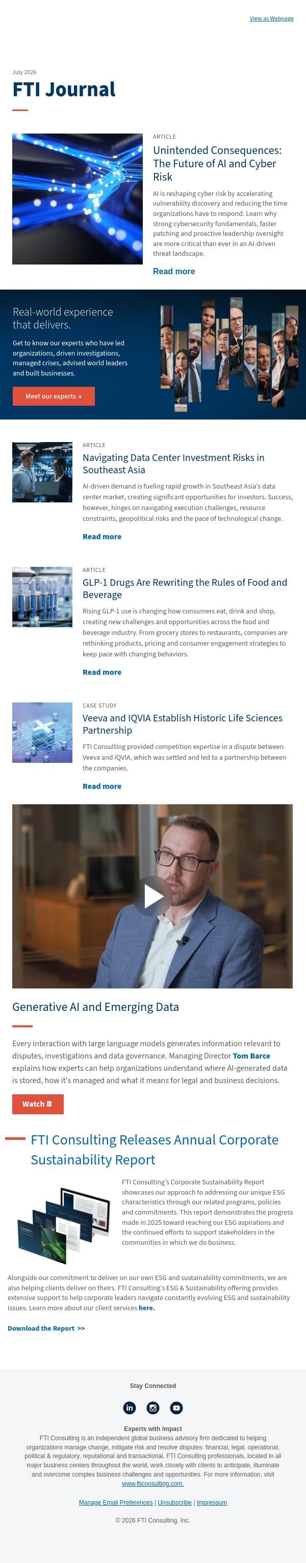AI and Cyber Risk, Data Centers in SEA and the Impact of GLP-1s on F&B email from FTI Consulting screenshot