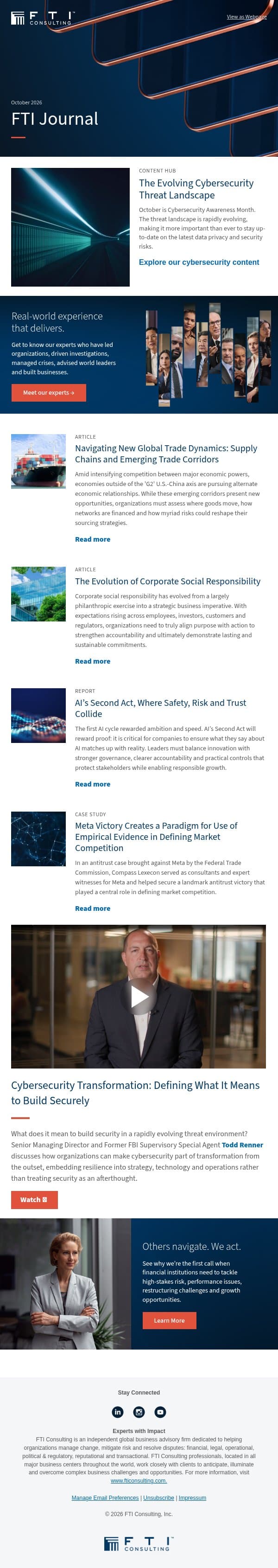 Cybersecurity Month, Global Trade Dynamics, Corporate Social Responsibility and AI email from FTI Consulting screenshot