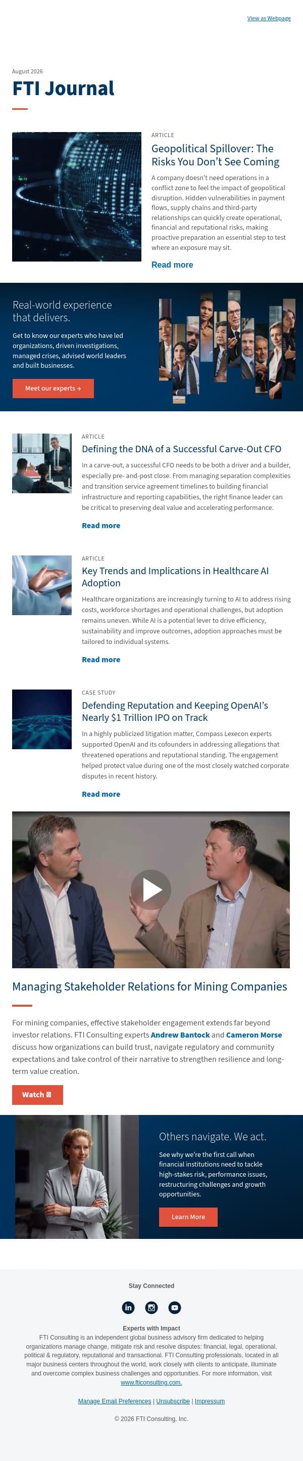 Indirect Geopolitical Risks, CFOs in Carve-Outs and Healthcare AI Adoption email from FTI Consulting screenshot
