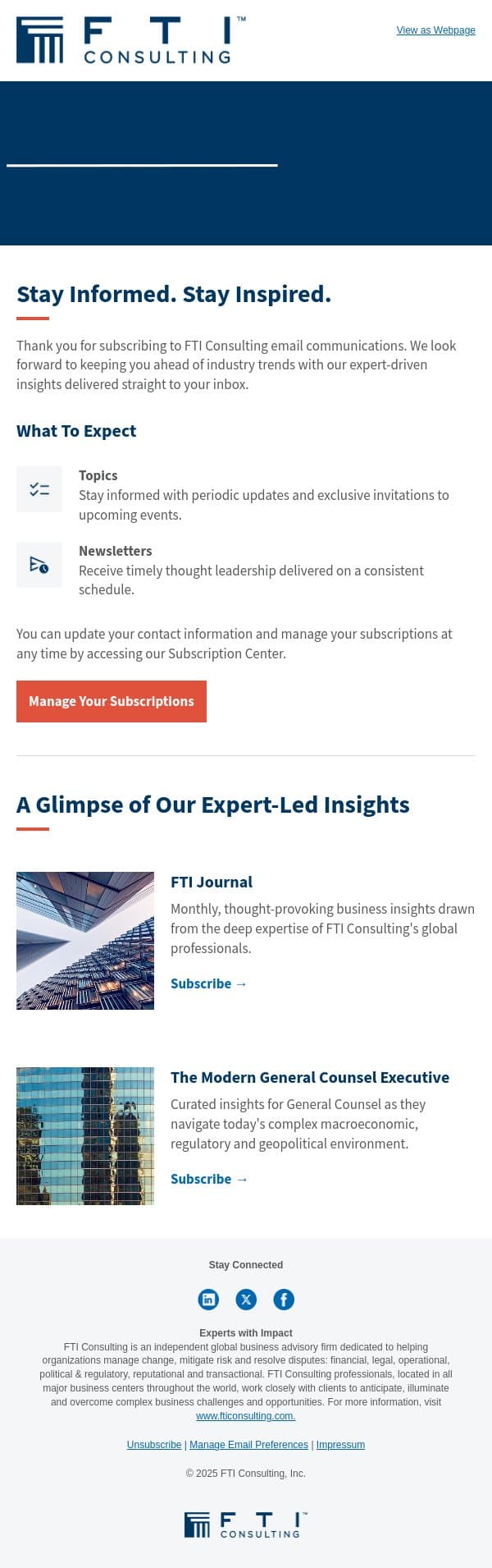 Welcome to FTI Consulting! email from FTI Consulting screenshot