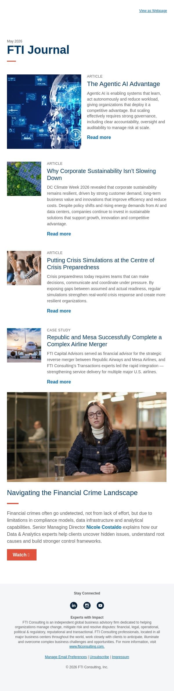 Agentic AI, Corporate Sustainability and Crisis Simulations email from FTI Consulting screenshot
