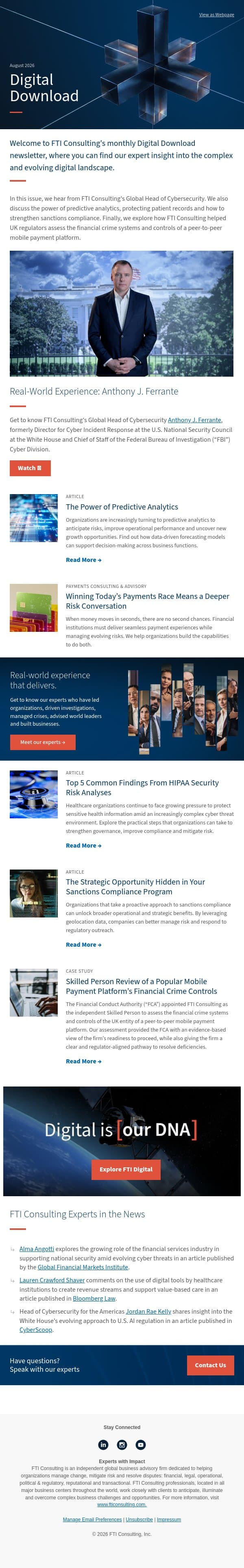 FTI Consulting Digital Download: Real-world experience in cybersecurity, harnessing predictive analytics and protecting patient privacy email from FTI Consulting screenshot