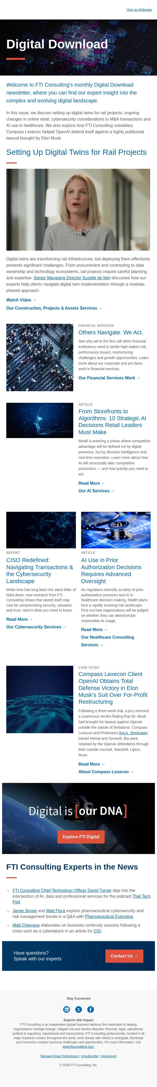 FTI Consulting Digital Download: AI in healthcare, online retail and cybersecurity in M&A email from FTI Consulting screenshot
