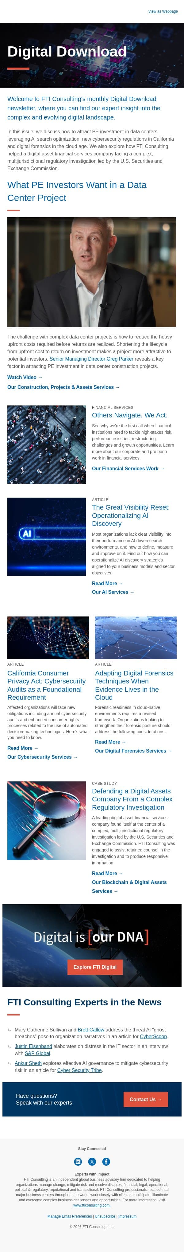 FTI Consulting Digital Download: Data Centers, AI Search & Cybersecurity Regulations email from FTI Consulting screenshot