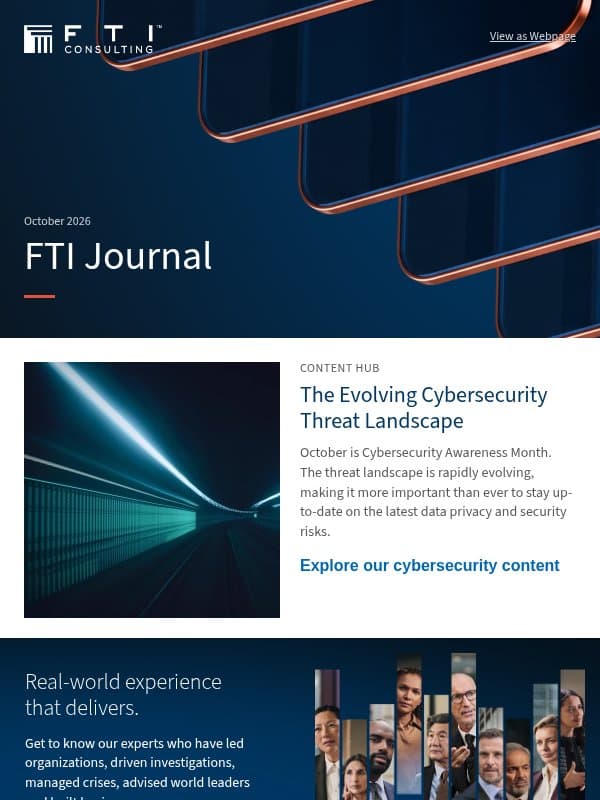 Cybersecurity Month, Global Trade Dynamics, Corporate Social Responsibility and AI email from FTI Consulting