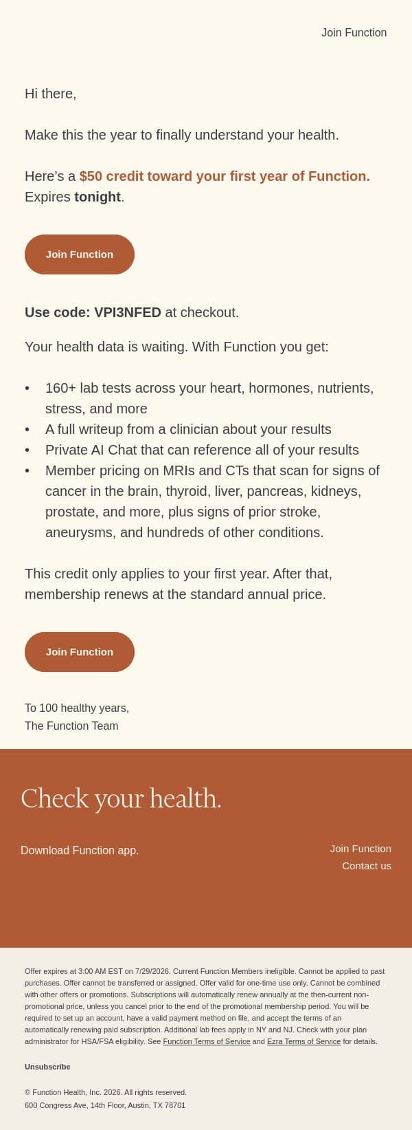 Your $50 credit expires tonight. email from Function Health screenshot