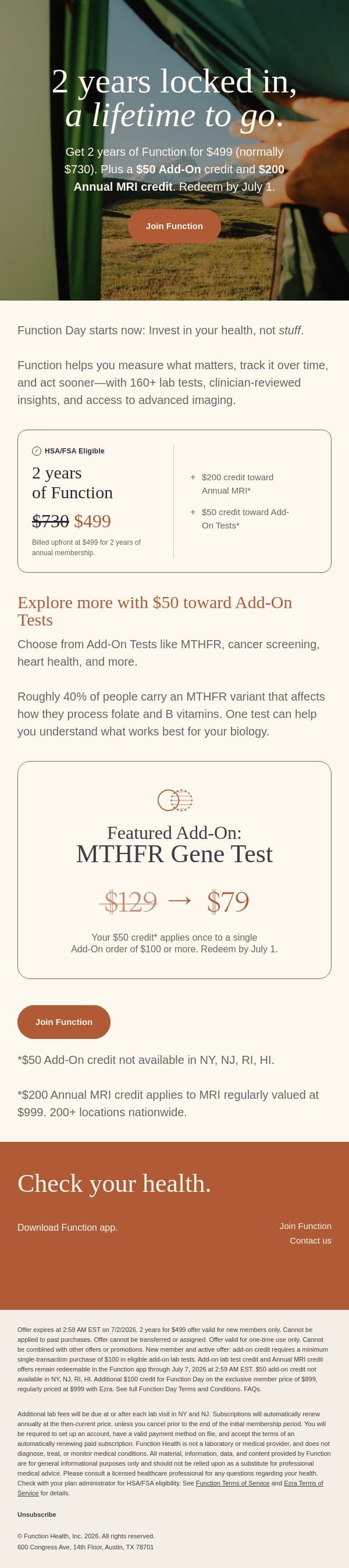 Less stuff, more healthy years. Happy Function Day. email from Function Health screenshot