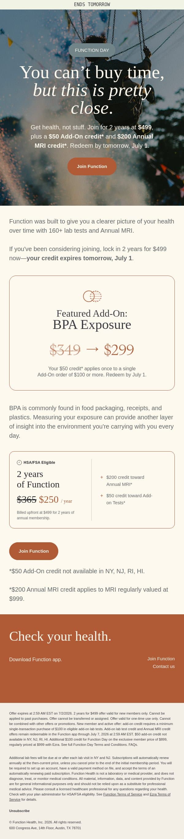Your Function Day credits expire tonight. Get 2 years, $499. email from Function Health screenshot