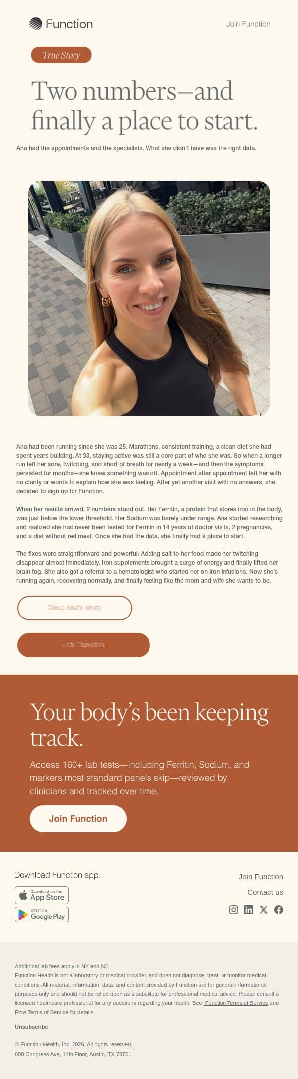 She'd been running for years. But her recovery wasn't keeping up. email from Function Health screenshot
