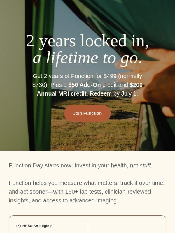 Less stuff, more healthy years. Happy Function Day. email from Function Health