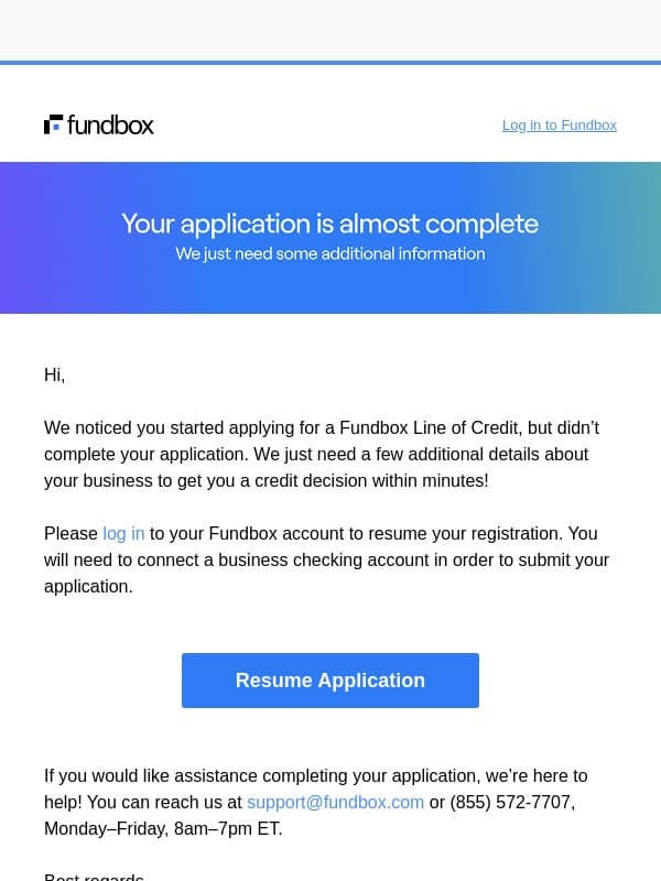 Hi there, your funding decision is a few steps away! email from Fundbox