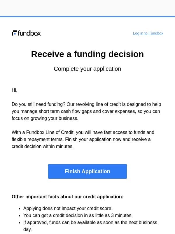 Reminder: Finish your Fundbox Line of Credit application email from Fundbox