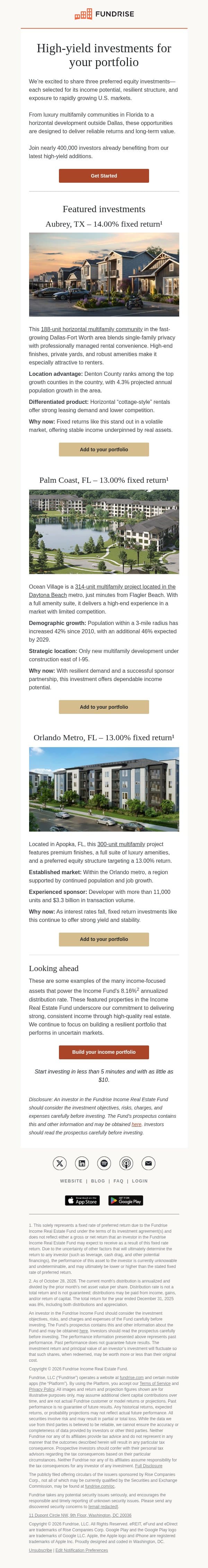 Investments delivering 13–14%¹ fixed returns email from Fundrise screenshot